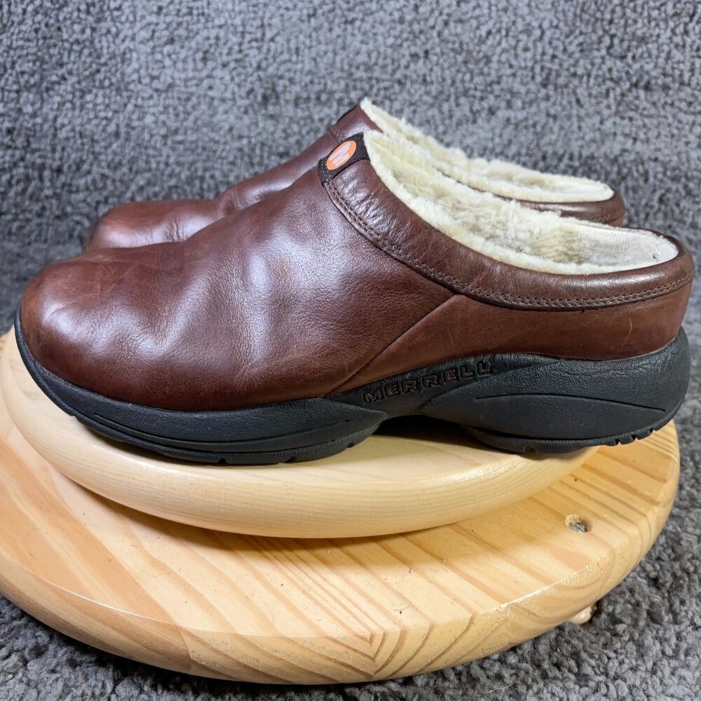 Merrell Primo Chill Slide Mules Mens Size 11.5 Bug Brown Leather Faux Fur Lined